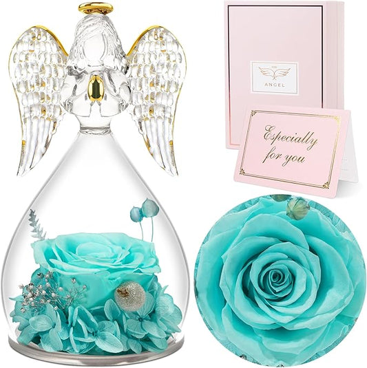 Sunia Preserved Flower Rose Gift for Women - Mother's Day Birthday Gifts for Mom Wife Grandma, Glass Angel Figurines Forever Real Roses Gifts for Her Valentine Day Thanksgiving﻿ (Aquamarine)
