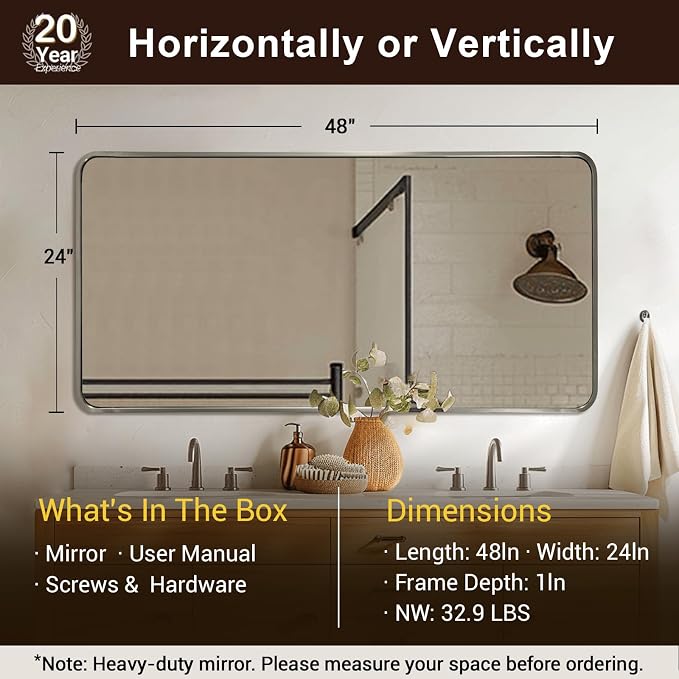ANDY STAR 24x48'' Brushed Nickel Bathroom Vanity Mirror for Over Sinks, Rounded Rectangle Bathroom Wall Mirror in 1'' Rustproof Tube Metal Frame Mirror Decorative Wall-Mounted Horizontal/Vertical