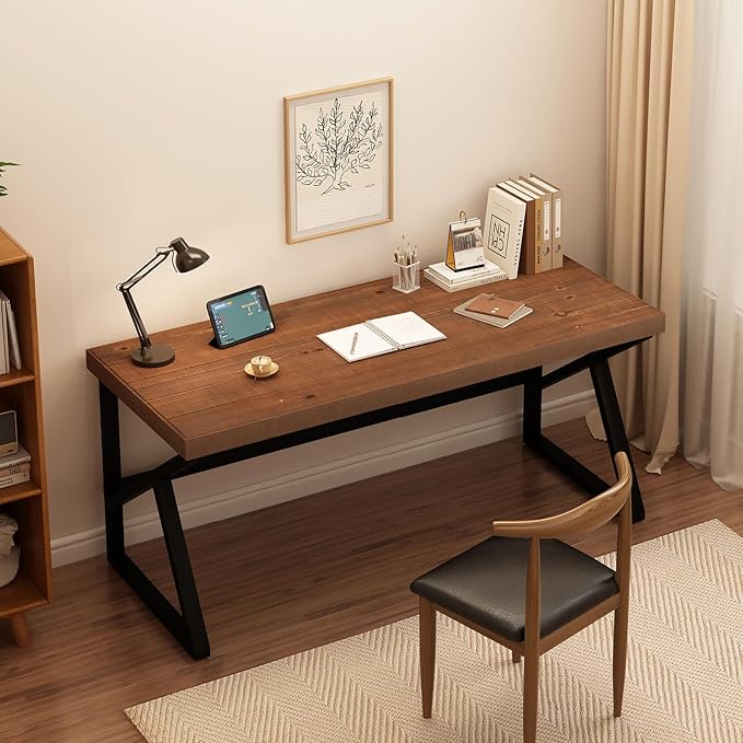 IBF Solid Real Wood Large Computer Desk, 60” Rustic Natural Home Office Desk, Long Industrial Writing Desk for Living Room, Metal Wooden Executive Computer Table, Brown, 60 Inch