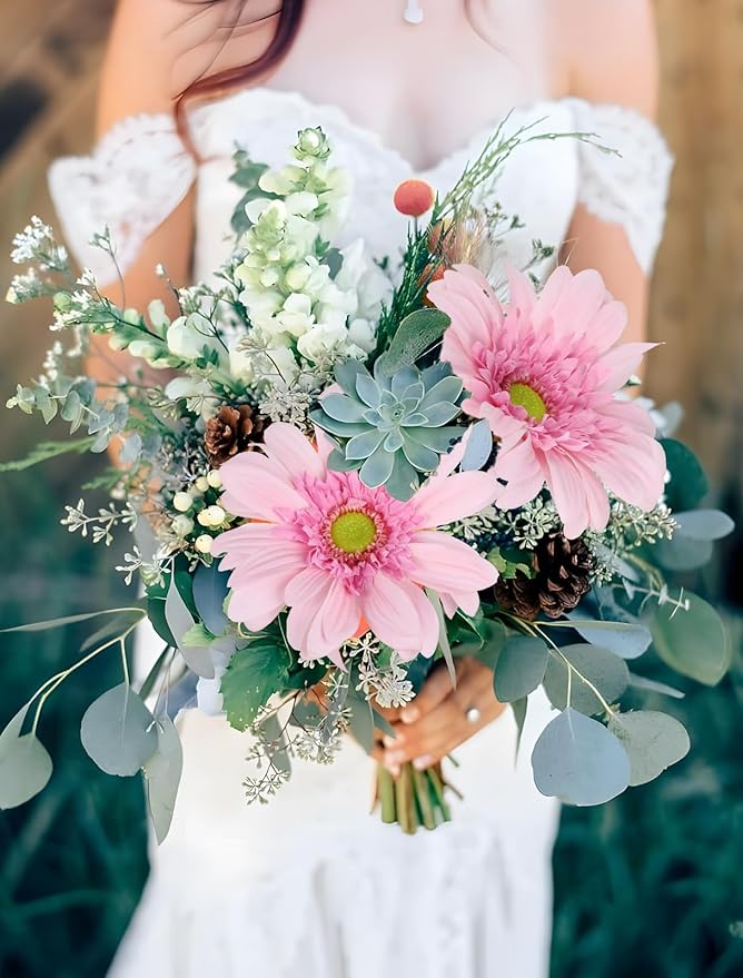 Pink Gerbera Daisy Artificial Flowers – 5PCS Real Touch Artificial Daisies with Long Stems, 26.7" Daisy Flowers Artificial for Centerpieces, Baby Showers, Wedding or Bedroom Décor