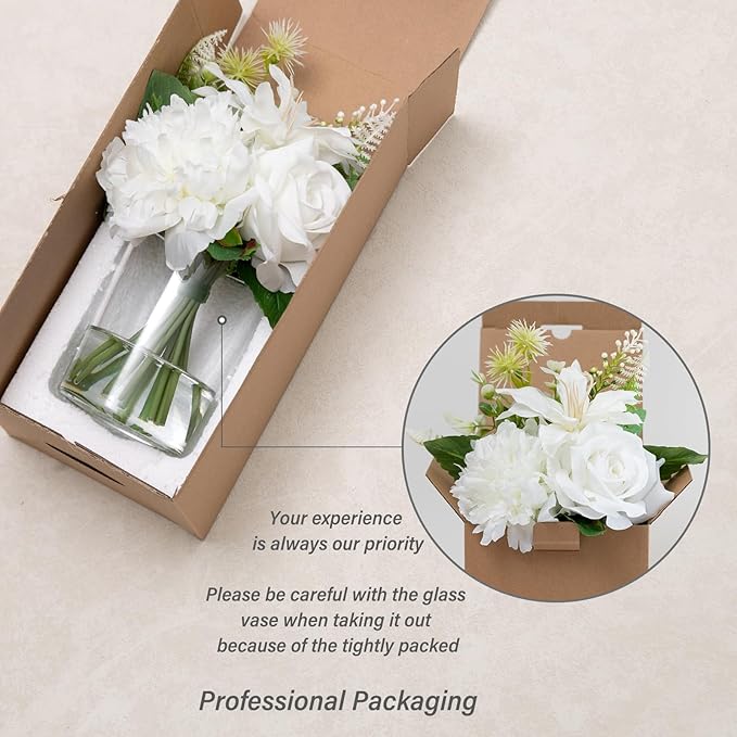 WELL KNOWN Artificial Flowers in Glass Vase with Fake Water, Silk Peony Rose Flower Bouquet for Home Dinning Tea Table, Office Desktop, Hotel, Wedding, Party, Lavatory Decor & Gift (Ivory White)