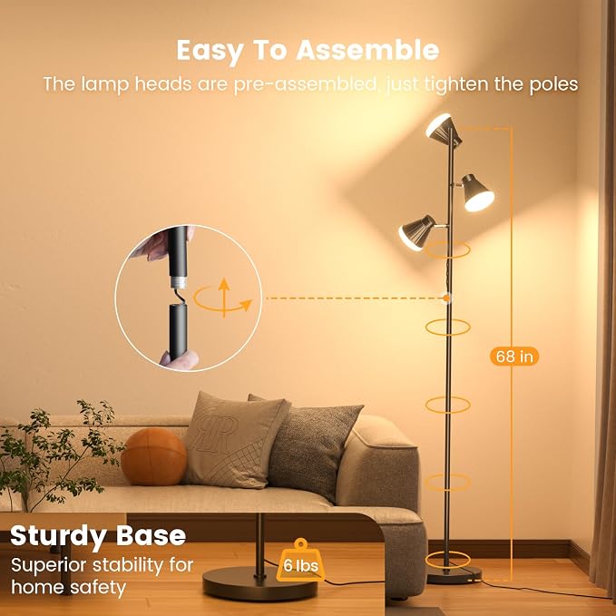 SIBRILLE RGB Floor Lamp, 36W LED Dimmable Standing Lamp with 3 Swivel Lights, Color Changing Tall Lamp with Remote, Stepless Dimmable Modern Floor Lamps for Living Room, Bedroom, Gaming Room,Office