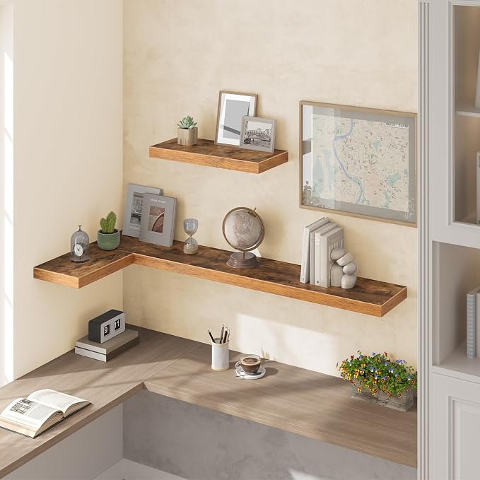 HOOBRO Floating Shelves for Wall, Wall Mounted Shelf Set of 2, 55" Hanging Shelf with Invisible Brackets, for Wall Storage in Bathroom Bedroom Kitchen Living Room Office, Rustic Brown BF140BJP201