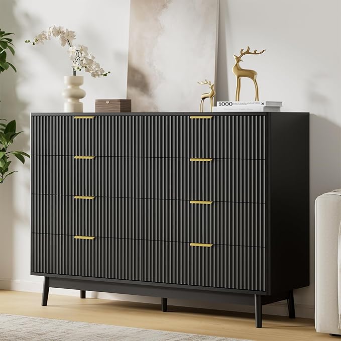 LYNSOM Fluted 8 Drawer Dresser for Bedroom, 55" Wide Modern Chest of Drawers with Curved Profile Design and Metal Handles, Wood Dresser TV Stand & Storage Organizer for Bedroom, Hallway, Black