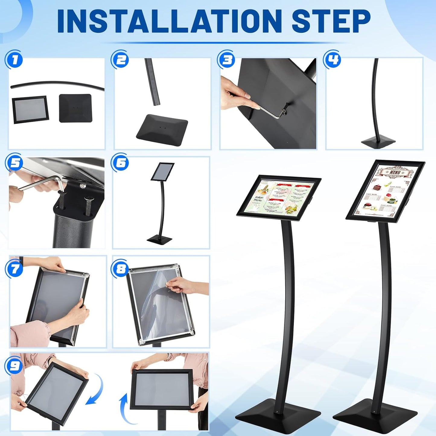 Yaocom Curved Menu Board - Heavy Duty Floor Stand Sign Holder | 8.5 x 11 Inches, Black Aluminum Alloy