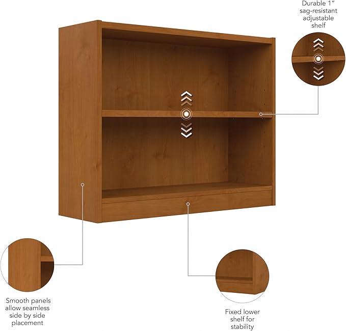 Bush Furniture Universal Small 2 Shelf Bookcase in Natural Cherry, Low Storage and Display Bookshelf for Home Office or Living Room Organization