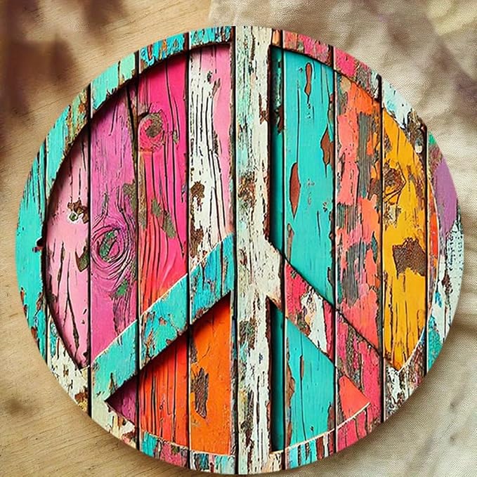 Colorful Peace Symbol Round Aluminum Sign - Vibrant High-Definition Print, Weathered Wood Design, Easy to Hang,Decorative Wall ArtPerfect for Room Decor7.98x7.98Inches