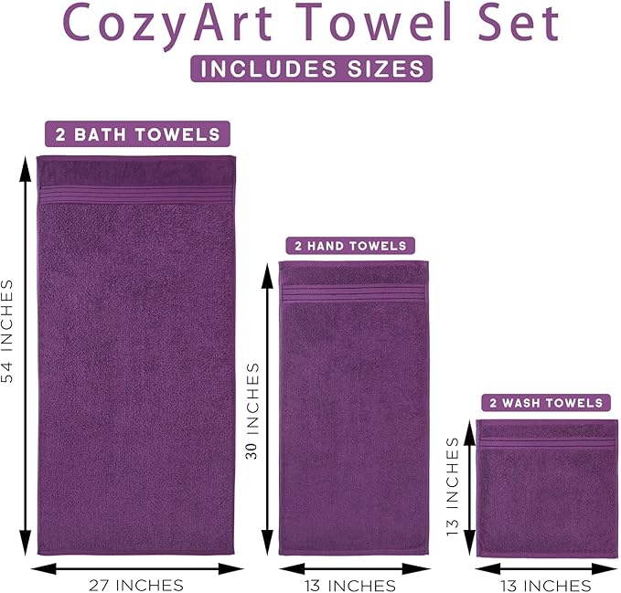 COZYART Purple Bath Towel Set for Bathroom Soft Absorbent Durable 650 GSM Turkish Cotton Towel Sets of 6, 2 Large Bath Towels, 2 Hand Towels, 2 Washclothes
