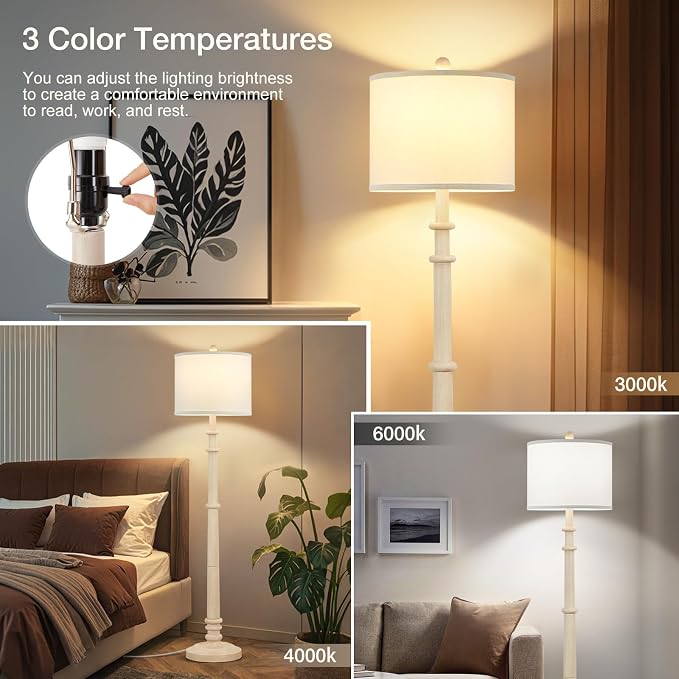 Floor Lamps for Living Room - 60" Resin Farmhouse Floor Lamp with Adjustable Color Temperatures - Vintage Standing Lamp Reading Light with Linen Shade Rustic Tall Lamp for Bedroom Office, Oatmeal Wash