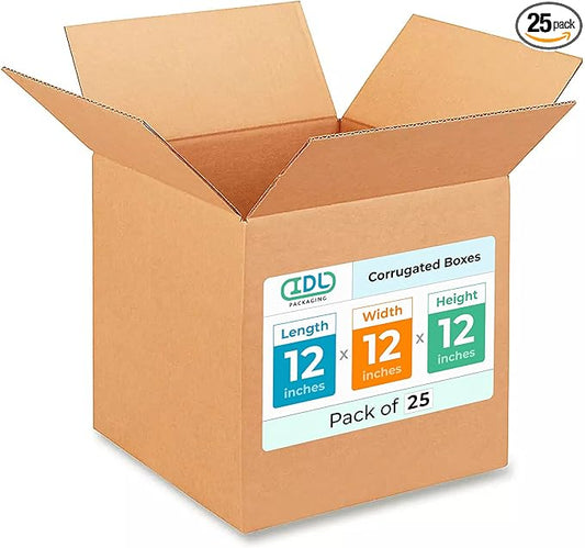Medium Shipping & Moving Boxes 12"L x 12"W x 12"H (25-Pack) - Extra Strength 200 lb vs Regular - Corrugated Cardboard Boxes for USPS/UPS/FEDEX - Box for Shipping - Box to Pack by IDL Packaging