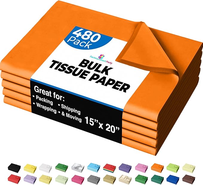 Party Solids Orange Tissue Paper for Gift Bags - 15" X 20" Bulk Tissue Paper Orange 480 Sheets - 10lb Newsprint for Packing, Birthday Gift Box Filler, Packing Supplies for Moving Supplies