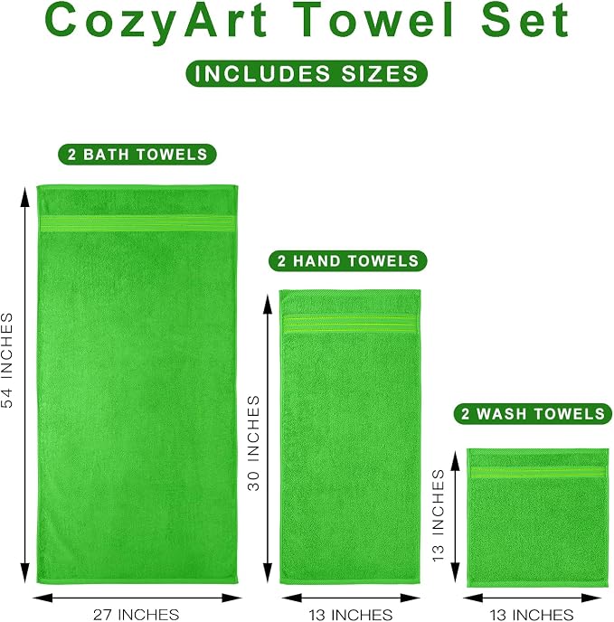 COZYART Classic Green Bath Towels for Bathroom 6 Pcs, Turkish Cotton Bath Towel Set Super Soft Highly Absorbent Durable 650 GSM Shower Towels for Daily Use