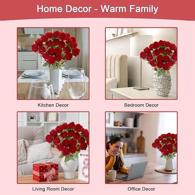 50Pcs Red Roses Artificial Flowers Fake Roses Faux Velvet Silk Flower for Home Wedding Decoration (Pearl Rose, Red)