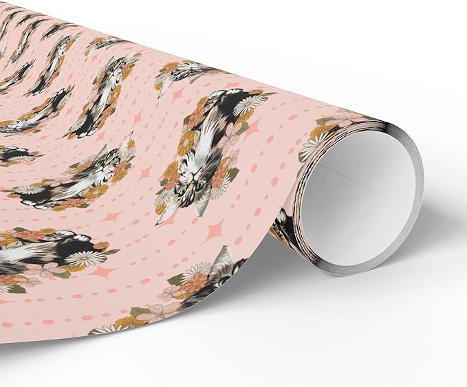 Meandering Annie Pink Floral Kitty Wrapping Paper, Retro Blush Cat Flower Print Gift Wrap Roll, Birthday Valentine's Day 30"x72"