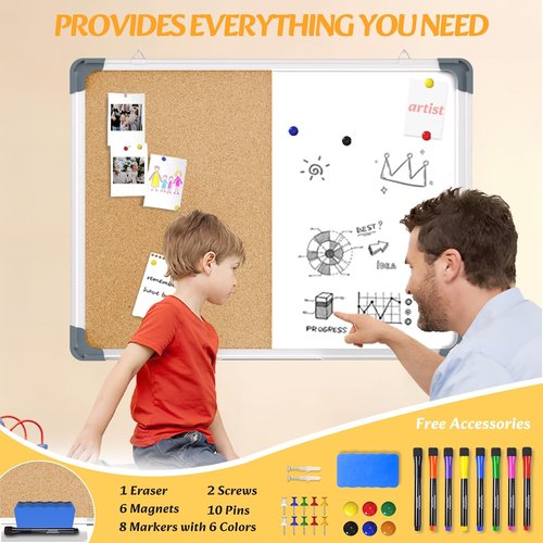 Cork Board & White Board Combo by [Brand Name] - 24x18 Inch for Office, Home & School | Includes Markers & Eraser