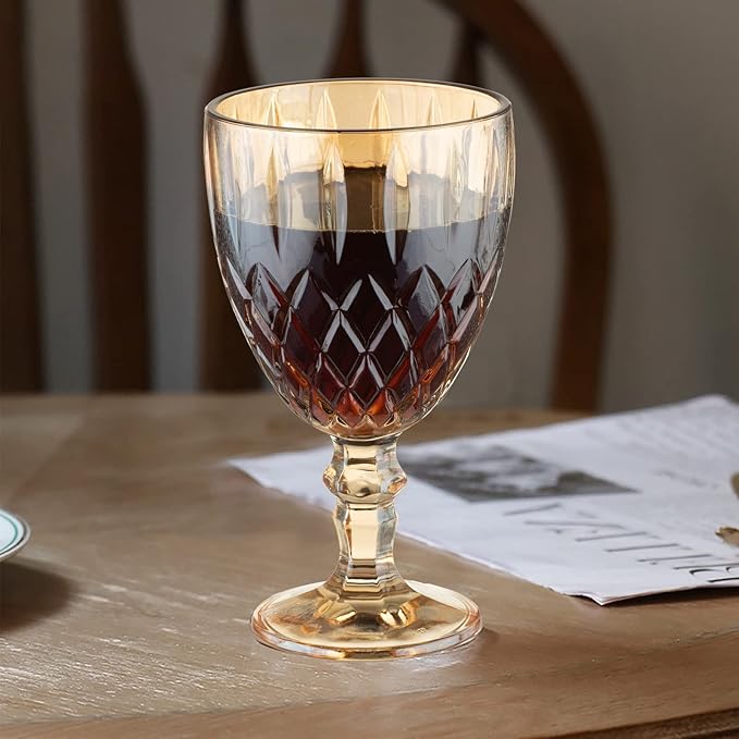 12 Pcs Vintage Wine Glasses, 11 Ounces Colored Glass Water Goblets, Colorful Unique Embossed Pattern High Clear Stemmed Glassware Wedding Party Bar Glass Drinking Cups Amber Fancy Glasses Set of 12