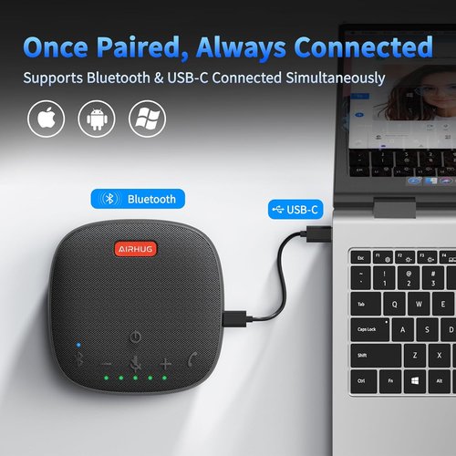 AIRHUG Bluetooth Conference Speaker - 360° Voice Pickup, Advanced Noise Reduction, USB-C | Compatible with Zoom & MS Teams
