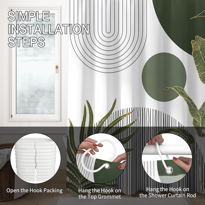 Mid Century Boho Shower Curtain, Abstract Modern Sun Minimalist Aesthetic Shower Curtain, Bohemian Geometric Arch Curve Leaves Neutral Art Fabric Bathroom Curtains Sage Green 72x84 inch
