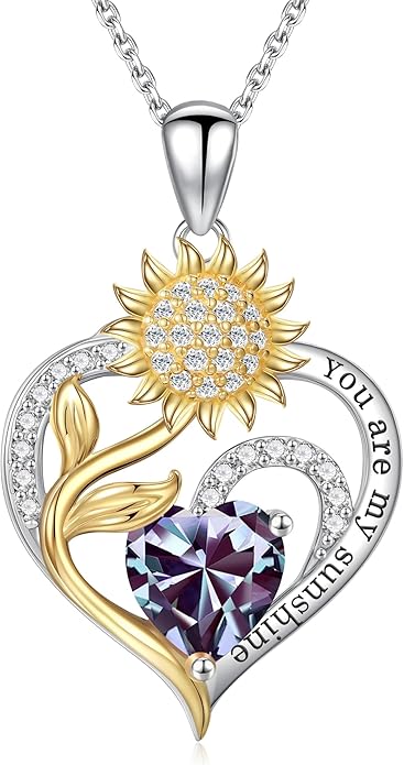 Iefil Christmas Gifts for Women Wife - Sunflower Birthstone Necklace for Women, Anniversary Birthday Gifts 925 Sterling Silver Heart Pendant You Are My Sunshine Jewelry for Girlfriend Mom Daughter
