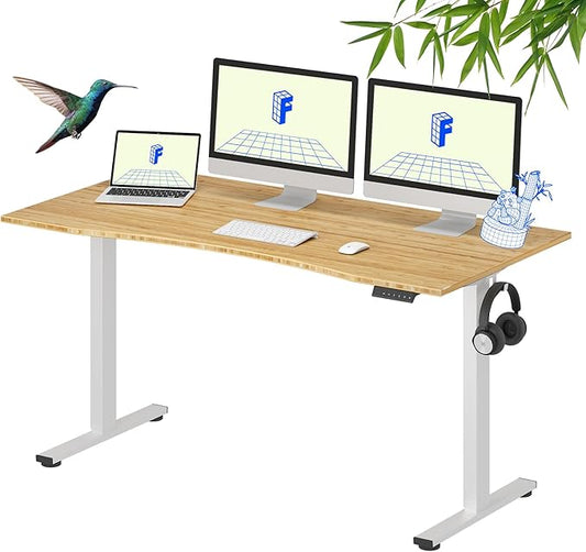 FLEXISPOT EN1 Bamboo Standing Desk, 60 x 30 Inches One-Piece Electric Adjustable Height Sit Stand Desk for Home Office (White Frame + Bamboo Curved Desktop, 2 Packages)