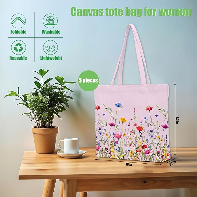 Decohim Multiple Packs Floral Japanese Print Canvas Tote Bag Reusable Grocery Bags Gifts for Women Girls Birthday Christmas