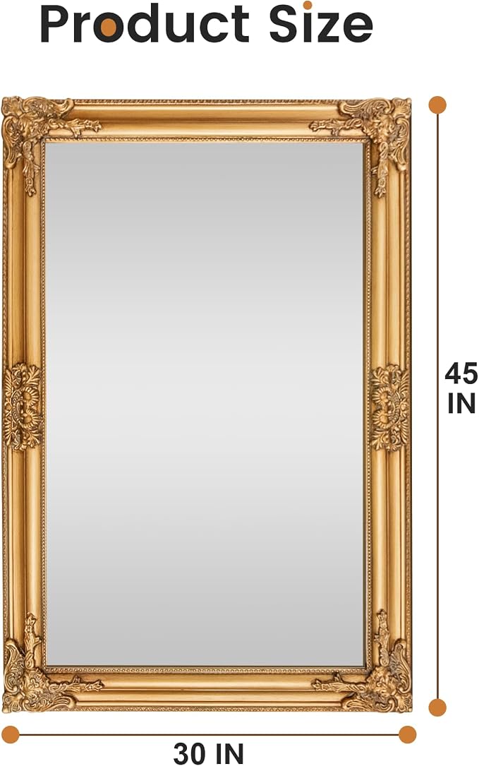 TRAHOME Vintage Gold Mirror for Wall, 30"x45" Antique Decorative Baroque Mirror with Imitation Metal Frame, Ornate Decorative Wall Mirror Decor for Entryway, Fireplace, Living Room, Hallway