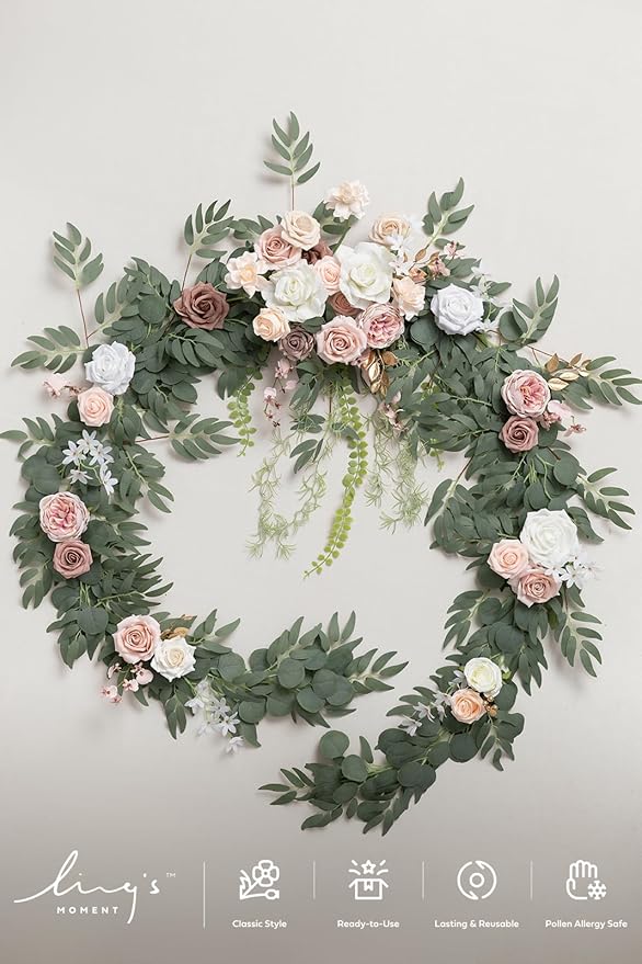 Ling's moment 9FT Spring Flower Garland for Backdrop Decorations - Wedding Arch Flowers, Eucalyptus & Rose, Artificial Floral Garland for Mantle - Sweetheart Table Decor for Reception, Dusty Rose