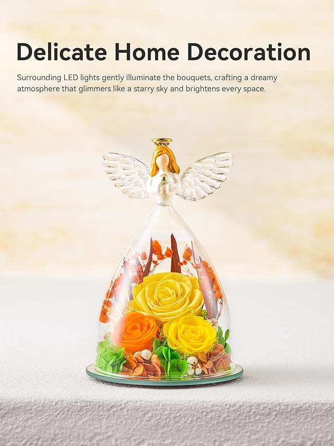 Gifts for Women Forever Flowers Preserved Rose in Glass Angel Figurine Real Colorful Roses Birthday Gifts for Her Grandma Sister Daughter Wife, Yellow