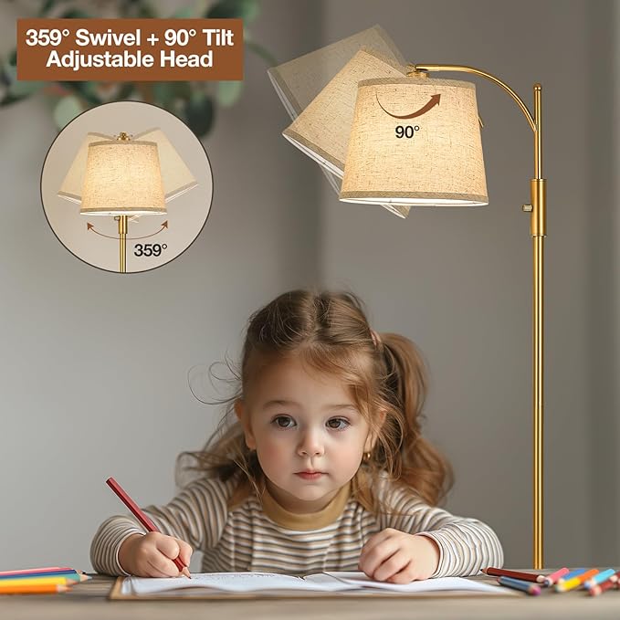 AIDENOEY Fully Dimmable Floor Lamp for Living Room，Standing Lamp Rotary Switch with Table&Linen Beige Shade，Golden Tall Lamps for Bedroom with Adjust Head，9W LED Bulb Included