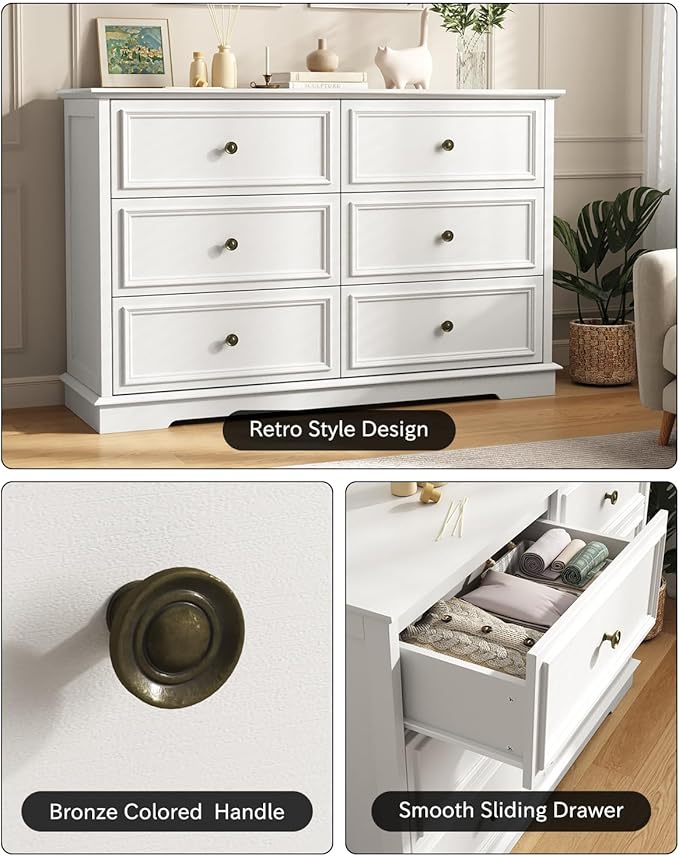 White Dresser, 6 Drawer Dressers for Bedroom, Wide Chest of Drawers with Deep Drawers, Closet Dressers with Metal Handle, Wood Dresser for Living Room, Hallway, Closet