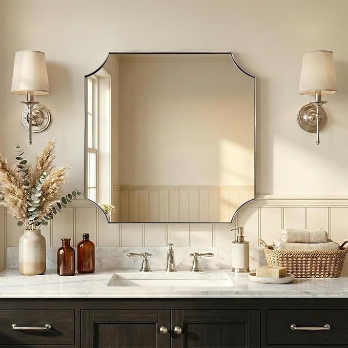 ANDY STAR 30"x30" Brushed Nickel Mirror, Square Bathroom Mirror for Over Sink, Silver Vanity Mirror in Anti-Rust Stainless Steel Frame, Aesthetic Scalloped Corner Design, Ideal for Home Remodel
