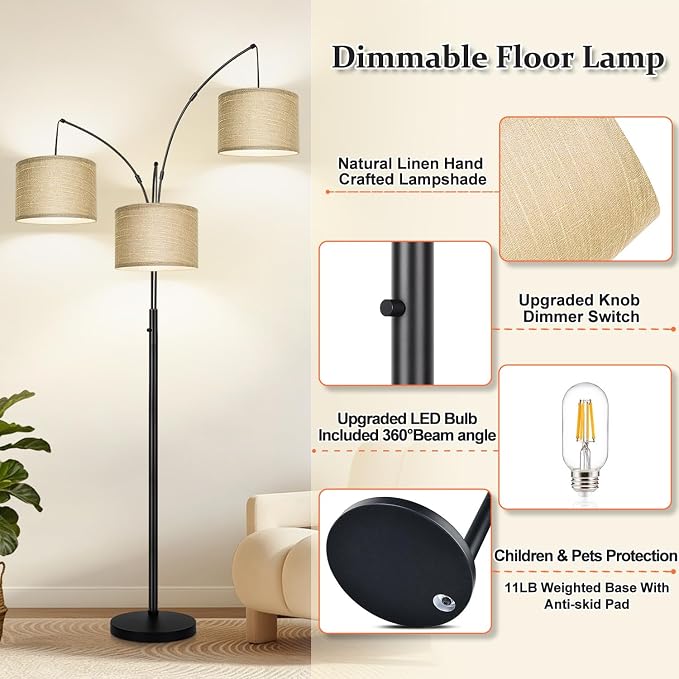 Nintiue Dimmable Floor Lamp, 3-Light Black Tree Floor Lamp with Champagne Linen Shades, Mid Century Modern Standing Lamp with Heavy Base, 3 LED Bulbs Included for Living Room Bedroom Office