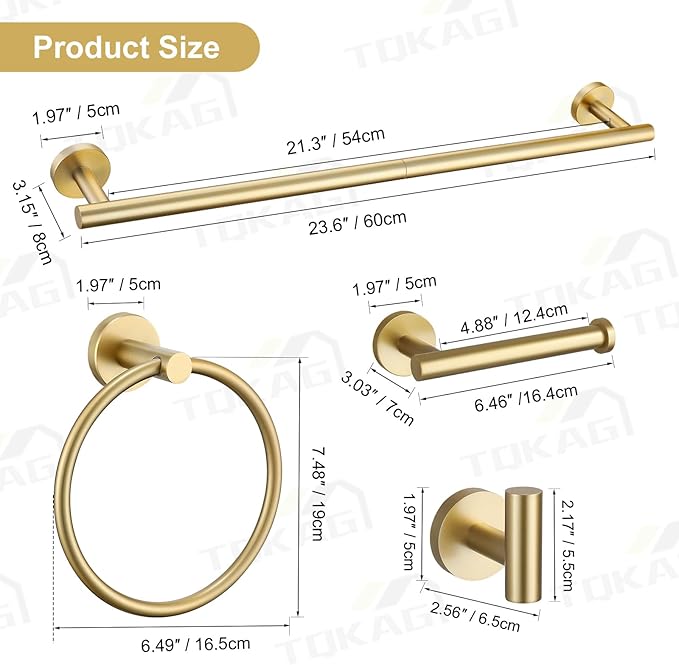 TQKAG Brushed Gold Bathroom Hardware Set 6-Piece Bathroom Accessory Set 23.6 Inch Round Stainless Steel Towel Bar Set Wall Mounted