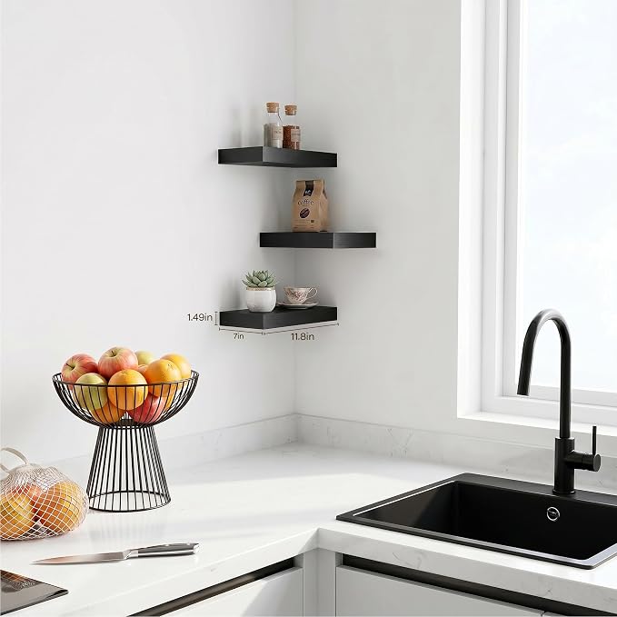 Black Floating Shelves for Wall Set of 3, 11.8 Inch Small Wall Shelves for Bathroom Over Toilet, Home Office & Bedroom Storage, Wall Mounted Shelf Set for Decor, Books & Collectibles