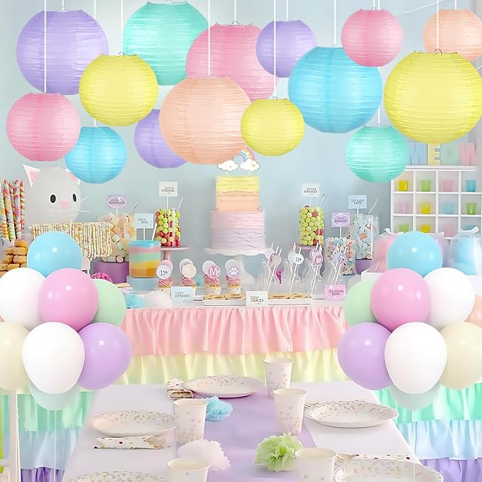 Pastel Paper Lanterns Decorative, Classroom Decor Macaron-Color Neon Hanging Paper Lantern Decorations for Easter Party Decorations, Baby Shower Wedding Birthday Mother's Day, 15Pcs