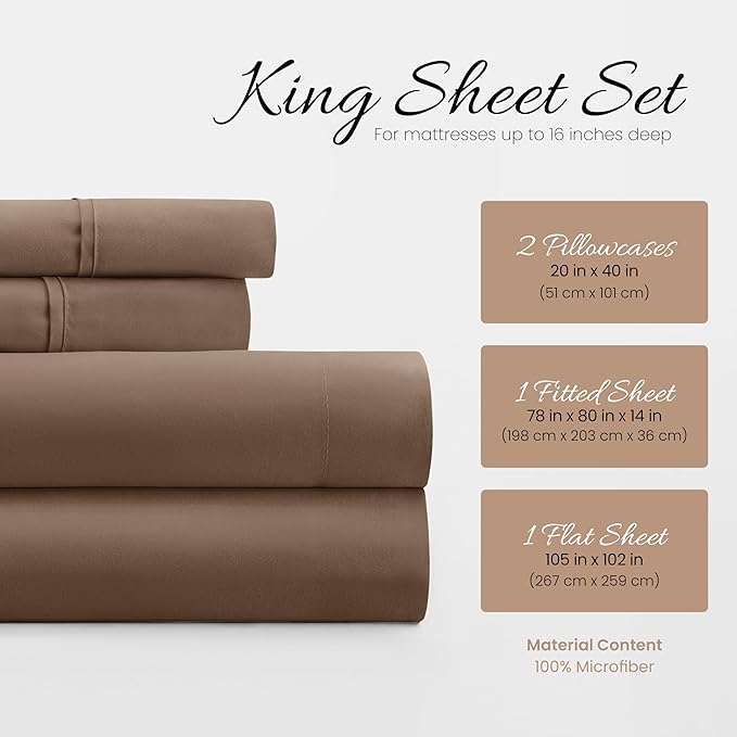 Linen Market Brushed Microfiber King Sheet Set 4 Piece – Oeko-TEX Certified Ultra Soft & Wrinkle-Free - 16" Deep Pocket Sheets - Easy Care King Size - Taupe