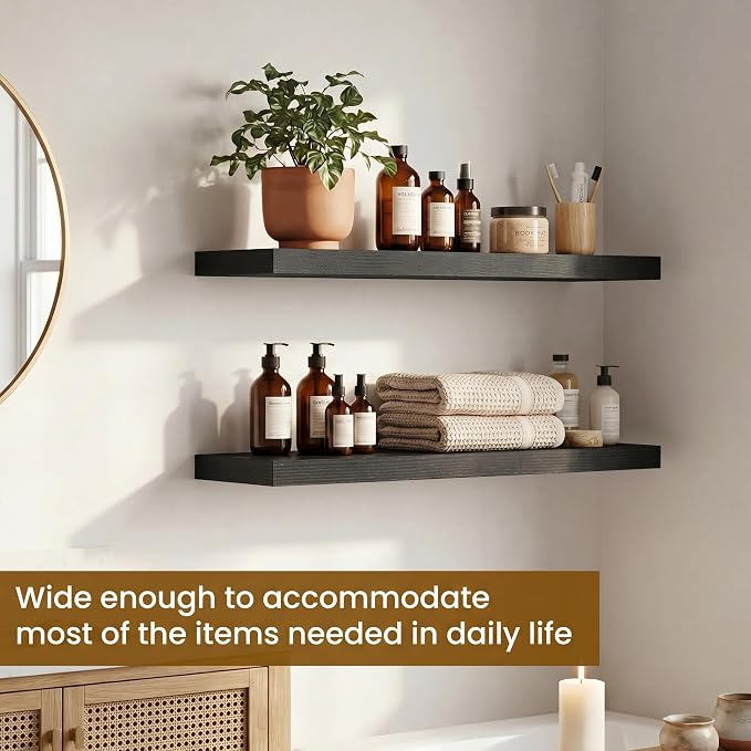 Dreamland Floating Shelves for Wall, 27.5 Inch Long Shelves, Wall Decor for Bedroom, Kitchen, Living Room & Book Storage, Mounted Floating Shelf with Invisible Brackets, Set of 2, Black