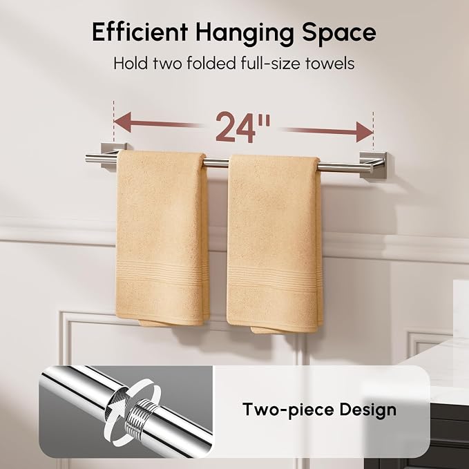 USHOWER Polished Chrome Towel Bar, 24 Inch Towel Racks for Bathroom Wall Mounted, 304 Stainless Steel Towel Holder with Square Base, Modern Home Decor (Total Length 26 Inch)