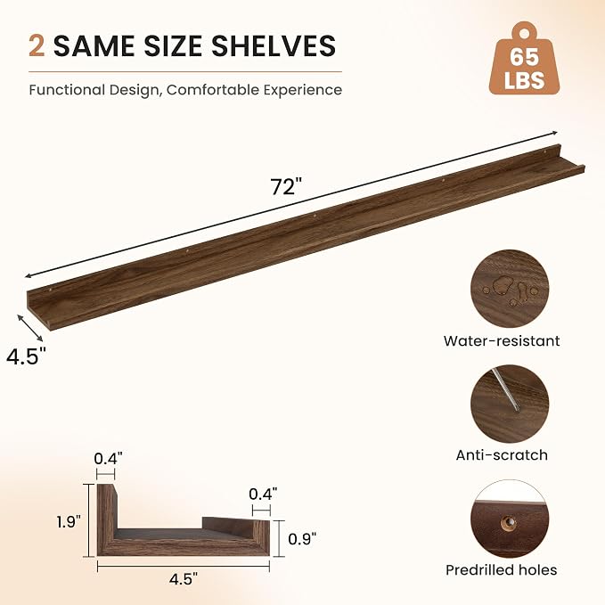 Dreamland Picture Ledge Shelf for Wall, Floating Shelves Set of 2,72 inch Long Floating Shelves with Lip for Living Room,Bedroom,Bathroom,Kitchen,Walnut