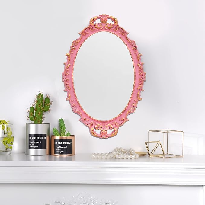 Tstarer 2PACK - Vintage Decorative Pink Framed Mirror, Wall Hanging Mirrors & Tabletop Tray for Bedroom Living Room Dresser Decor, Oval- 9.6" W x 14.3" L (PINK-2PACK)