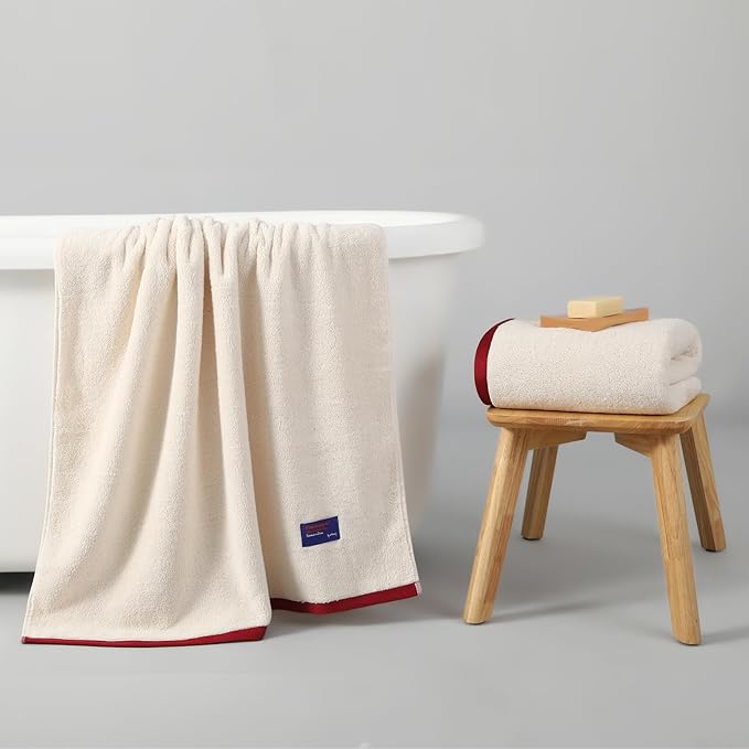 REDKISS 2 Pack Cotton Bath Towels, Soft Absorbent 600 GSM, 27x54 Inch | Quick Dry | Reinforced Stitching | Modern Contrast Border Design | Machine Washable | Bathroom, Gym|Spa & Guest Use | Beige