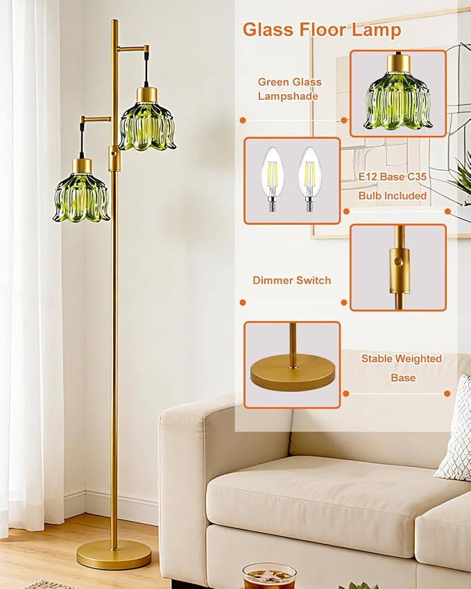 Lightdot 2- Light Gold Flower Floor Lamp, 65IN Green Glass Floor Lamps with 3000K Warm White Bulbs, Modern Standing Tall Lamp with 5Lbs Heavy Base for Living Room Bedroom Home Office Sofa Beside