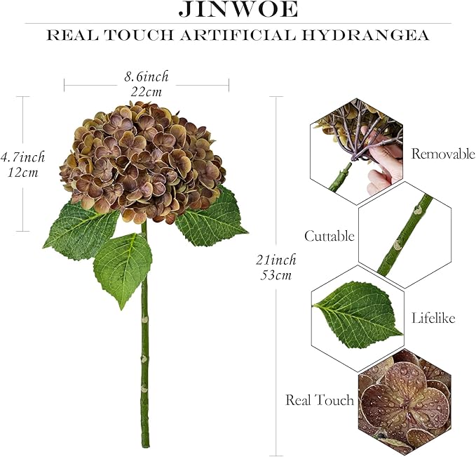 Yellowish Brown Fall Hydrangea Artificial Flowers, 3PCS 21” Latex Large Real Touch Flowers, Faux Silk Flowers Fake Hydrangeas with Stems for Bouquet Table Centerpieces Halloween
