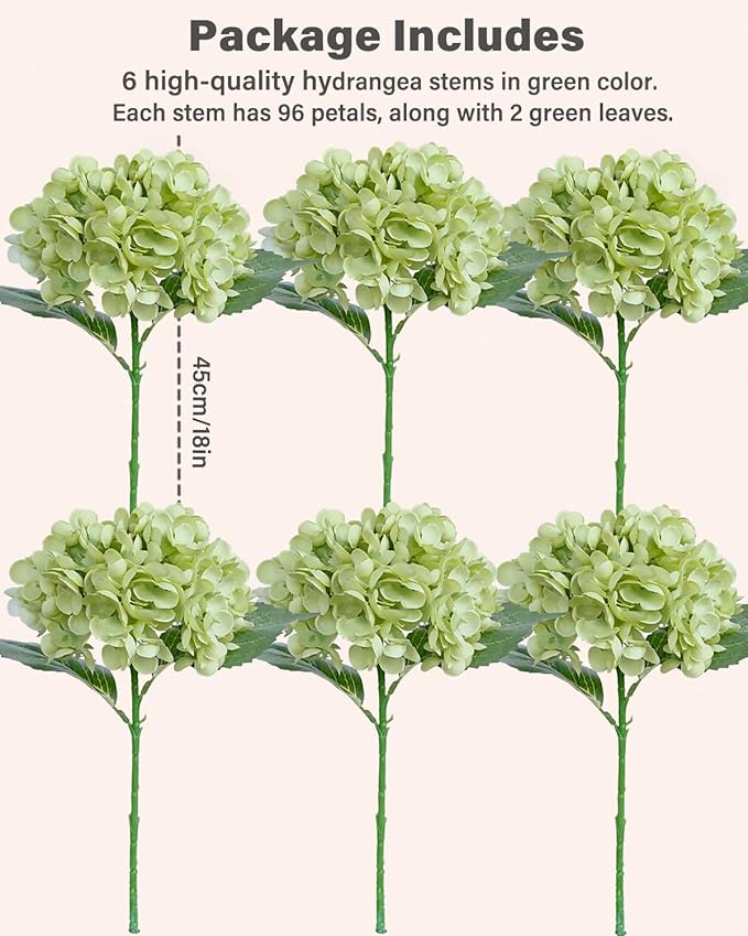 6PCS Premium Green Hydrangea Artificial Flowers Bouquets, Silk Hydrangea Flowers Heads with Stems, Fake Hydrangeas Flowers Arrangement, Faux Hydrangea Decor for Home Wedding Party Table Centerpieces