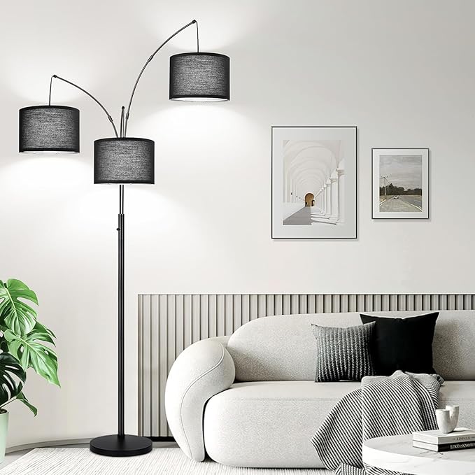 Dimmable Floor Lamp, 3 Light Arc Floor Lamp, Modern Tall Standing Tree Lamp with Black Shades & Heavy Base, 3000LM Cool White LED Bulbs, Bright Lighting for Living Room, Bedroom, Office & Reading