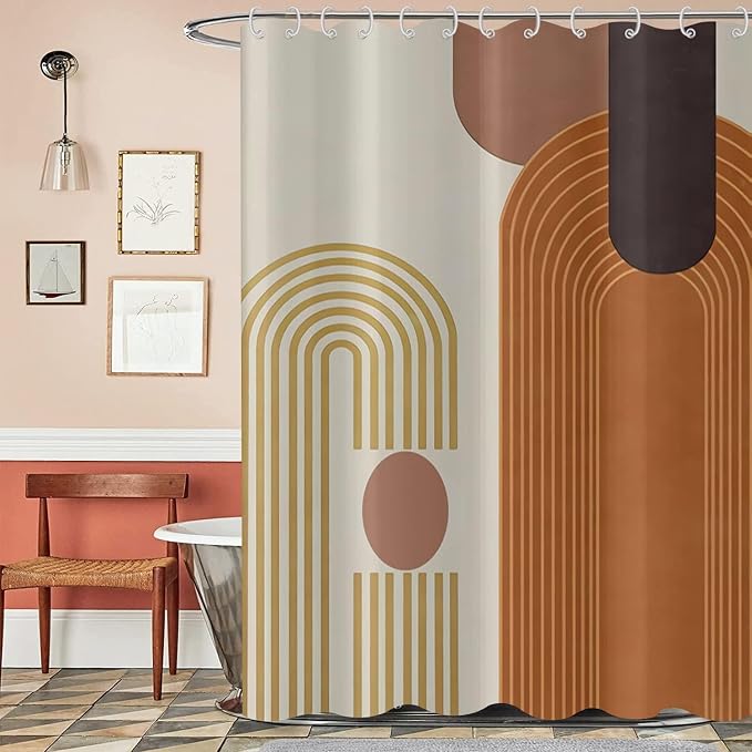 Mid Century Modern Extra Long Shower Curtain, Boho Brown Arch Geometric Machine Washable Waterproof for Bathroom Bathtub with Hooks 72Wx84H