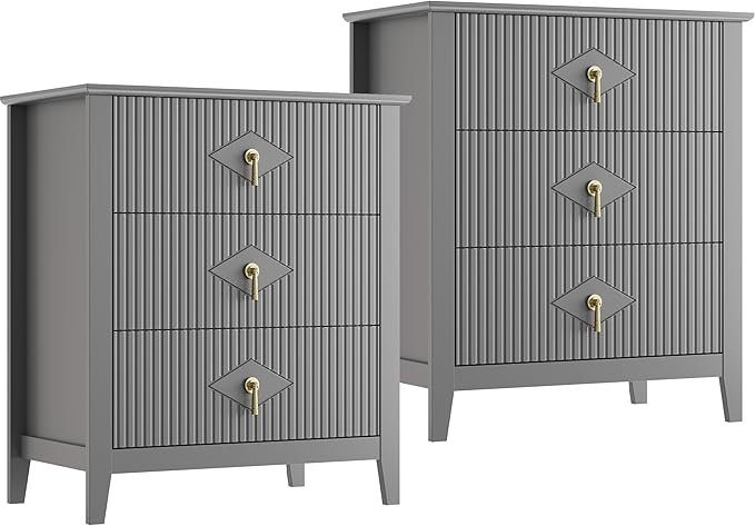 GarveeHome 2Pcs Wood Nightstand Fluted Dresser for Bedroom, 27.5" Wide 3-Drawer Bedside Tables, Modern Chest of Drawers, Storage End Table Living Room, Hallway, Entryway, Grey