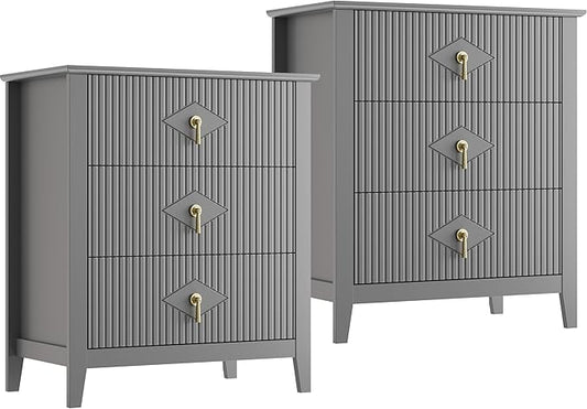 GarveeHome 2Pcs Wood Nightstand Fluted Dresser for Bedroom, 27.5" Wide 3-Drawer Bedside Tables, Modern Chest of Drawers, Storage End Table Living Room, Hallway, Entryway, Grey