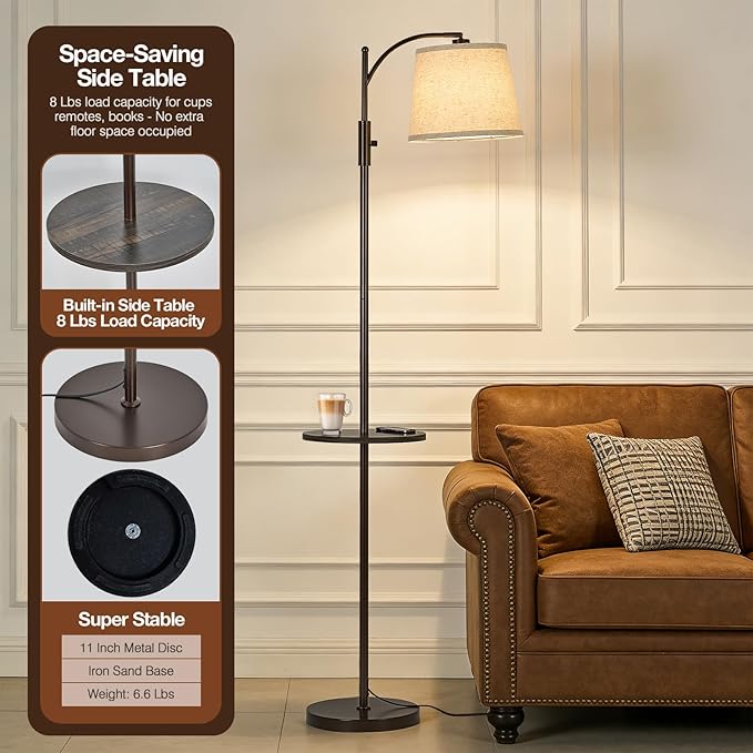 AIDENOEY Fully Dimmable Floor Lamp for Living Room，Standing Lamp Rotary Switch with Table&Linen Beige Shade，Brown Tall Lamps for Bedroom with Adjust Head，9W LED Bulb Included