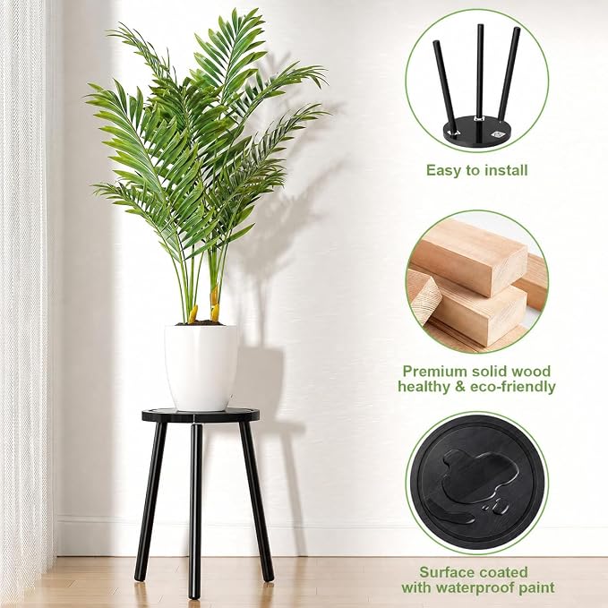 2-Pack Wood Plant Stands Indoor, 16.7" Tall Plant Stand Outdoor Mid-Century Plant Stool, Single Plant Table Modern Small Round Side/End Table for Living Room, Balcony, Office(Black)